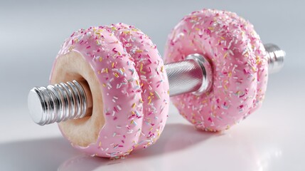 A silver dumbbell made of two pink frosted donuts rests on a plain surface. The bright colors and sprinkles give a playful take on fitness equipment