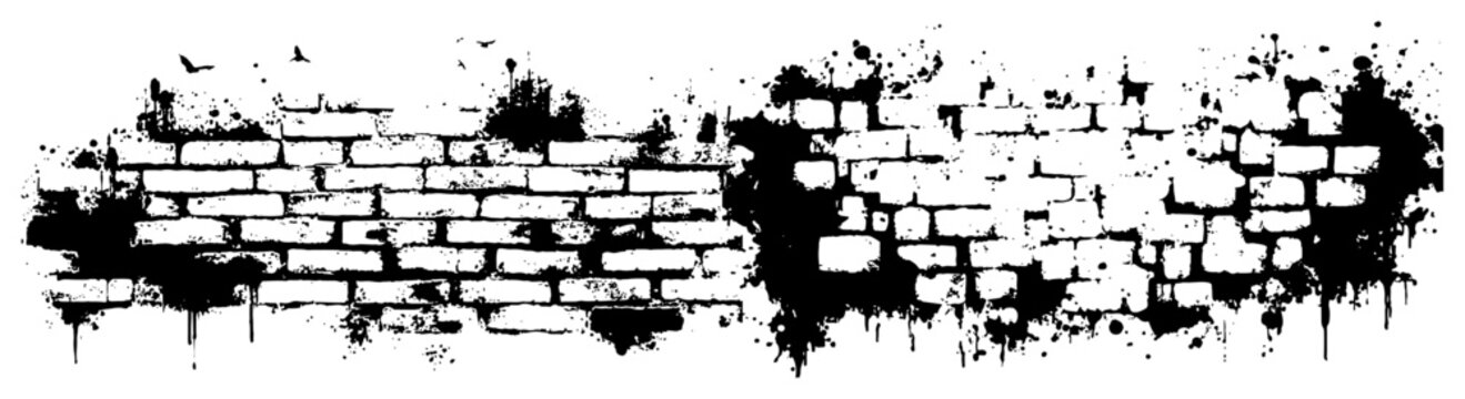 Grunge brick wall texture with black ink stains and drips