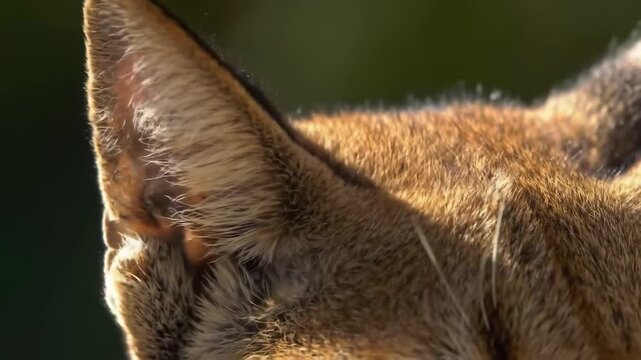 Close-up of a fox ears in a natural setting with warm sunlight, nature background.