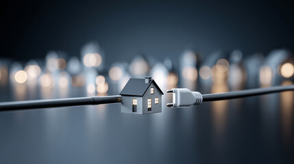 3d rendering of an electric cable with houses on it, connected to a charging station. the background is blurred and has several small white glowing arrows pointing towards one hous