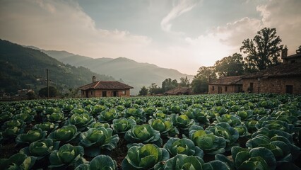 Fototapeta premium Lush green cabbage field with mountains in the background under a cloudy sky, rural landscape, agriculture, countryside, natural scenery