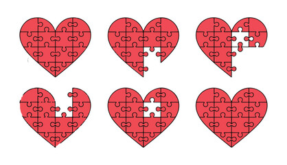 Puzzle Heart Symbol Collection. Red Love, Unity and Romance Concept. Vector illustration eps 10