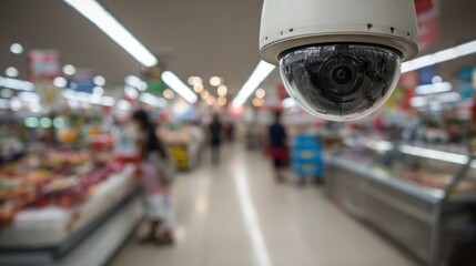 CCTV camera watches over a checkout area in a supermarket with customers browsing products and shopping carts in the background during daytime hours