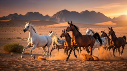 Horses running in desert landscape freely.