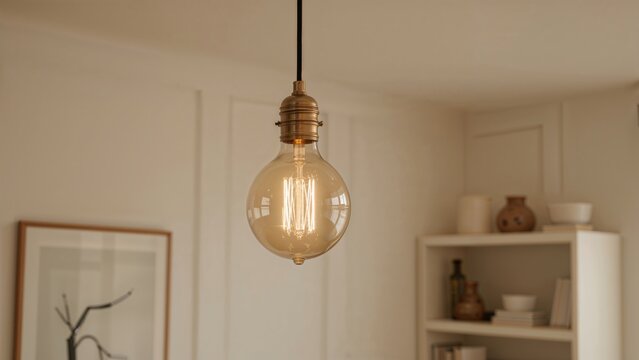 A light bulb hanging from the ceiling in a cozy interior space with shelves and decorative items. - Powered by Adobe