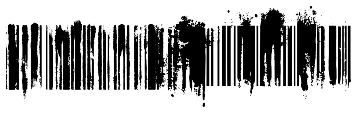 Abstract grunge barcode design with black ink splatters
