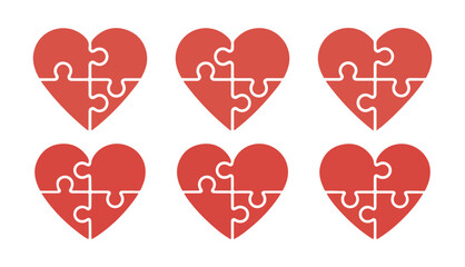 Puzzle Heart Symbol Collection. Red Love, Unity and Romance Concept. Vector illustration eps 10