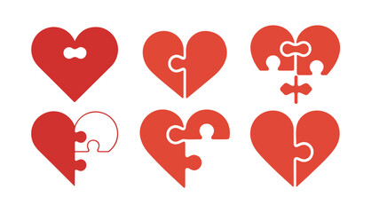 Red Puzzle Heart Icons Set. Love, Relationship and Emotional Connection. Vector illustration eps 10