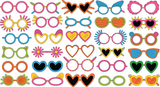 Funky party glasses collection with diverse shapes including hearts stars wings and flowers for photo booth props design