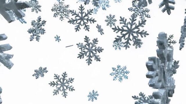 Abstract motion graphic of stylized geometric snowflakes continuously drifting and dissolving across a seamless bright white minimalist digital canvas snowflakes, ethereal, smooth