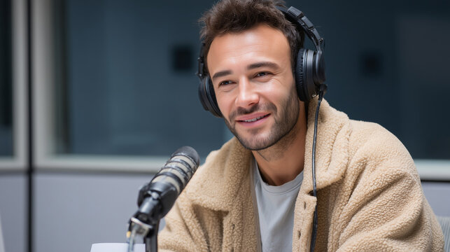 man wearing headphones and recording a conspiracy-themed podcast in a cluttered audio studio