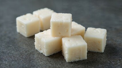 Chunks of white chocolate or possibly soap displayed on a dark surface.