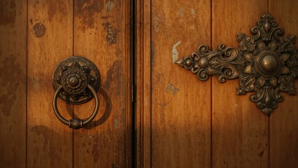 Rustic wooden door with ornate metal handle and decorative embellishment. Old door design with vintage hardware. The concept of antique architecture and craftsmanship.