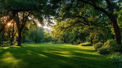 Fototapeta premium Sunlight shines through trees in a park filled with green grass. The scene shows a calm atmosphere with shadows cast by the trees on the ground