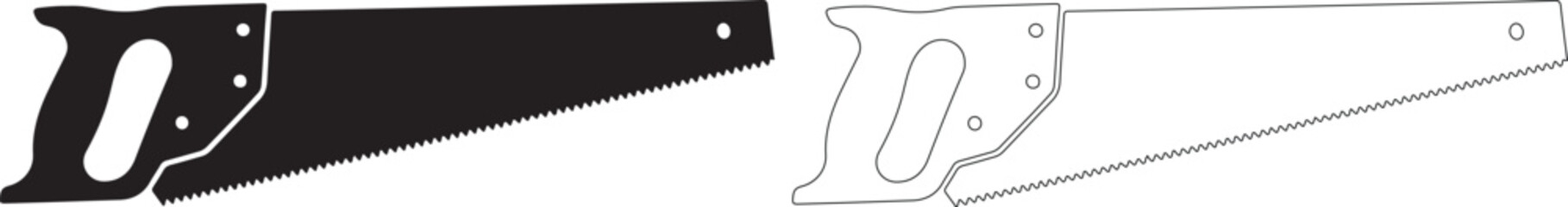 Silhouette and outline illustrations of a handsaw with handle