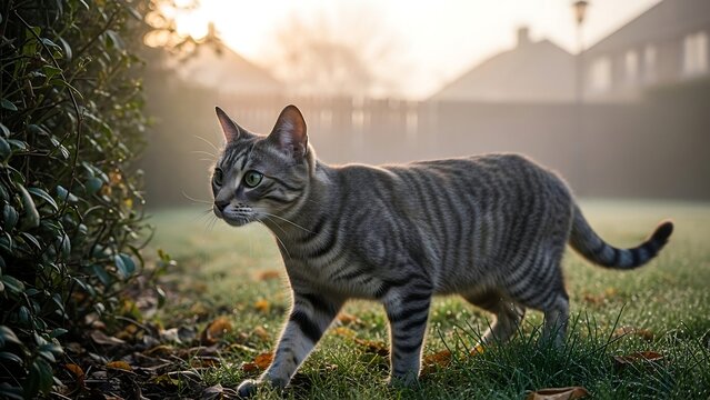 Gray tabby cat in green grass. - Powered by Adobe
