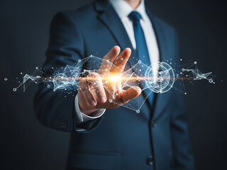 Businessman interacting with futuristic digital network and glowing data visualization