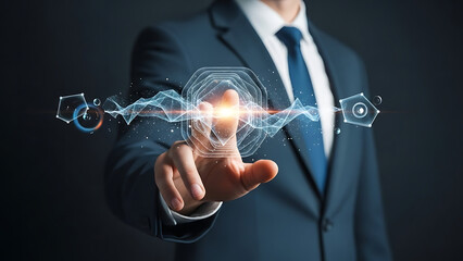 A businessman interacts with a futuristic digital interface symbolizing innovation and data management
