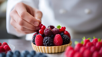 Pastry chef neatly arranging fresh vibrant berries on a tart, artistic composition, bright professional pastry studio, natural soft light, macro lens detail, professional food phot