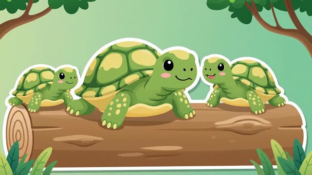 Animated Turtles Family Resting On a Log In a Peaceful Forest Environment Illustration