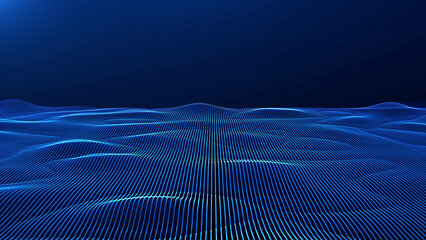 Abstract digital blue fractal waves forming liquid surface with fine particle structure. Futuristic technology background with depth and motion feel.
