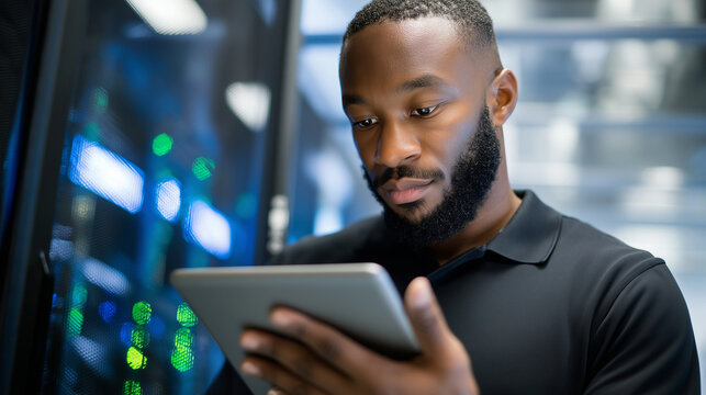 IT technician in a server room checking cables with a digital tablet, professional focused expression, blue and green LED lights reflecting on glass, futuristic data center atmosph - Powered by Adobe