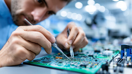 Hardware engineer assembling a high-performance computer circuit board, using precision tools, focused professional expression, bright industrial lab lighting, macro shot, with cop