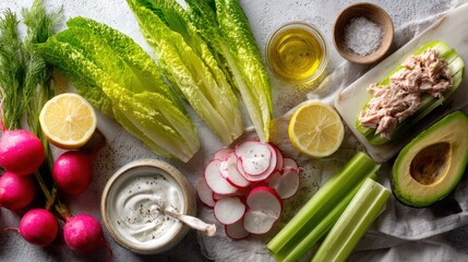 A flat lay shows fresh vegetables like lettuce, radishes, celery, and lemon alongside tuna, yogurt, and olive oil for making tuna lettuce wraps in a kitchen