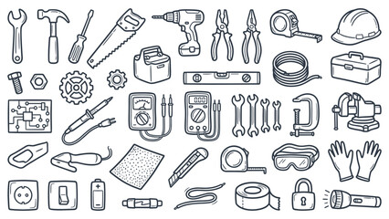 Assorted tools and equipment neatly arranged, showcasing various instruments for construction and DIY projects in a detailed illustration.