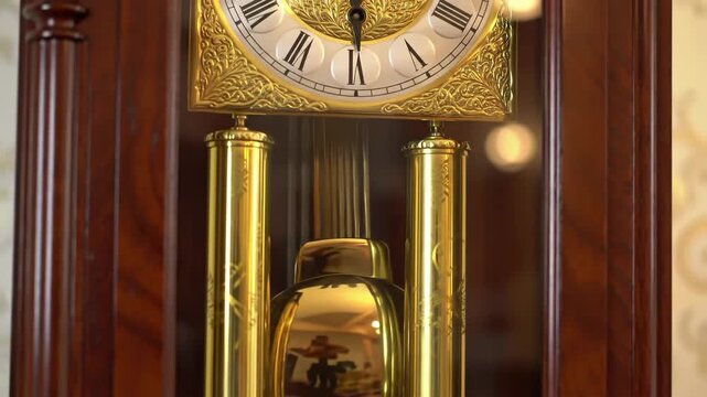 Closeup golden pendulum clock with roman numerals, time, antique concept.