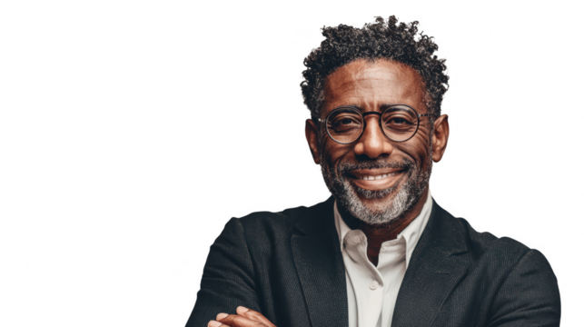 Smiling businessman with crossed arms isolated on transparent background - Powered by Adobe