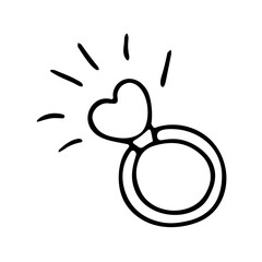 Hand Drawn Wedding Ring Outline With Sparkles Love concept doodle romantic sign. Romantic feelings, festive design Valentine's Day, drawing by ink, pen, marker. Isolated. Vector illustration