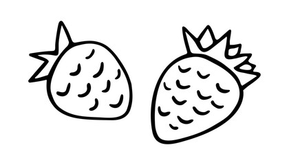 Hand-drawn Strawberries Doodle Style With Seeds And Leaves. Summer Fruit, Sweetness, Organic Healthy Vegan Nature Cartoon Sketch, Outline Minimal Fresh Symbol. Isolated. Vector Illustration