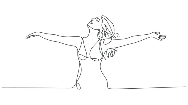 A captivating continuous line art drawing of a woman embracing freedom with outstretched arms
