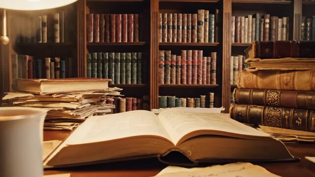 Cozy Study Desk with Books and Lamp.
