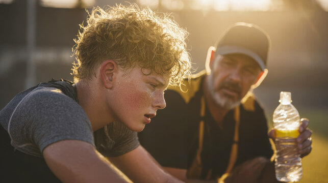 Coach talks to young athlete during training session at sports field in the evening light