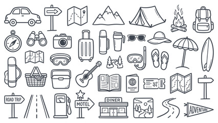 A collection of travel icons including vehicles, landmarks, and accessories depicted in a simple line art style © Ube