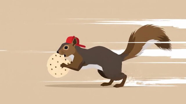 Animated Squirrel Running With A Cookie, Whimsical Thief In Red Cap, Cartoon Style