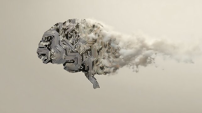 Stylized brain circuit fading into smoke on beige background representing technology and mental health concepts with neural and network and intelligence - Powered by Adobe