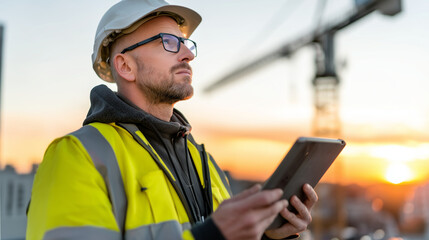 Civil engineer using a digital tablet to check a 3D building model on site, focused professional expression, sunset golden hour glow, blurred crane background, sharp focus on face