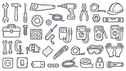A collection of various tools and equipment for industrial and construction work illustrated in a simple line art style