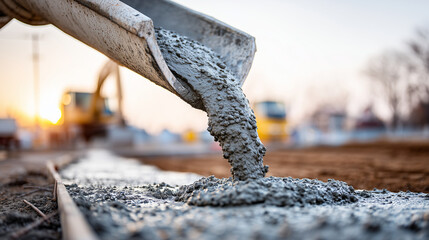 Detailed shot of a concrete mixer pouring wet cement into a foundation, heavy texture, construction beginning ritual, afternoon sun, sharp focus on the flowing liquid stone, with c