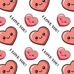Cute Kawaii Heart Pattern with Smiling Faces and Love Text