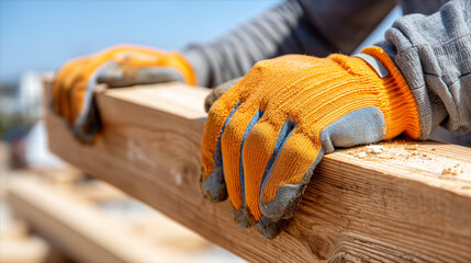 Construction worker's hands in grip-coated safety gloves carrying a heavy wooden beam, visible wood texture and sawdust, bright outdoor daylight, sharp focus on the gloves, with co