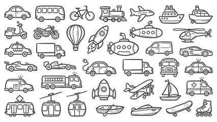 Various vehicles and transportation icons are illustrated in a collection of simple line drawings.