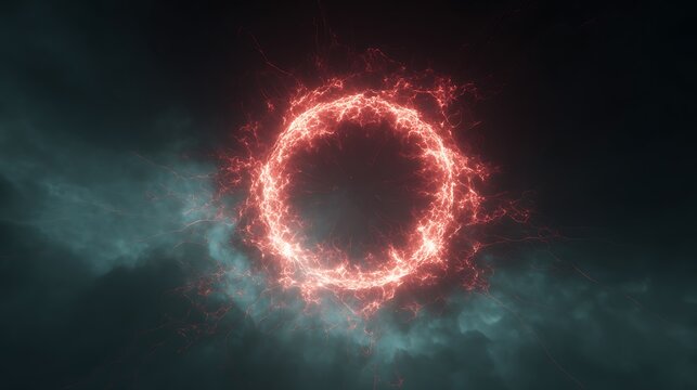 Glowing red ring of light surrounded by smoke on a dark background creating a mystical ambiance with vibrant luminous energy with fantasy and abstract - Powered by Adobe