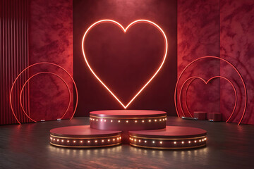 Romantic red stage with heart neon lights and circular platforms