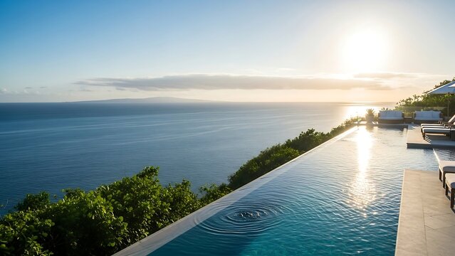 Infinity pool overlooking ocean at sunset. - Powered by Adobe