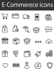 Fototapeta premium Hand-drawn black and white e-commerce icons representing online shopping, logistics, payment, and customer service processes for digital interface design.