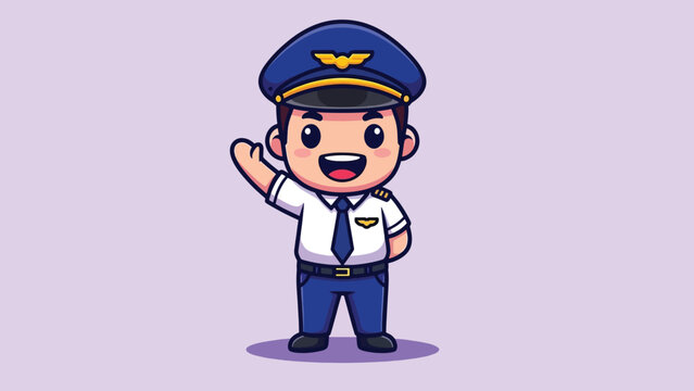 Cute Happy Pilot Waving Hand Cartoon Vector Icon Illustration.